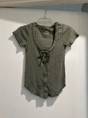 aerie Olive Ribbed Button-Front Tie Short Sleeve Top